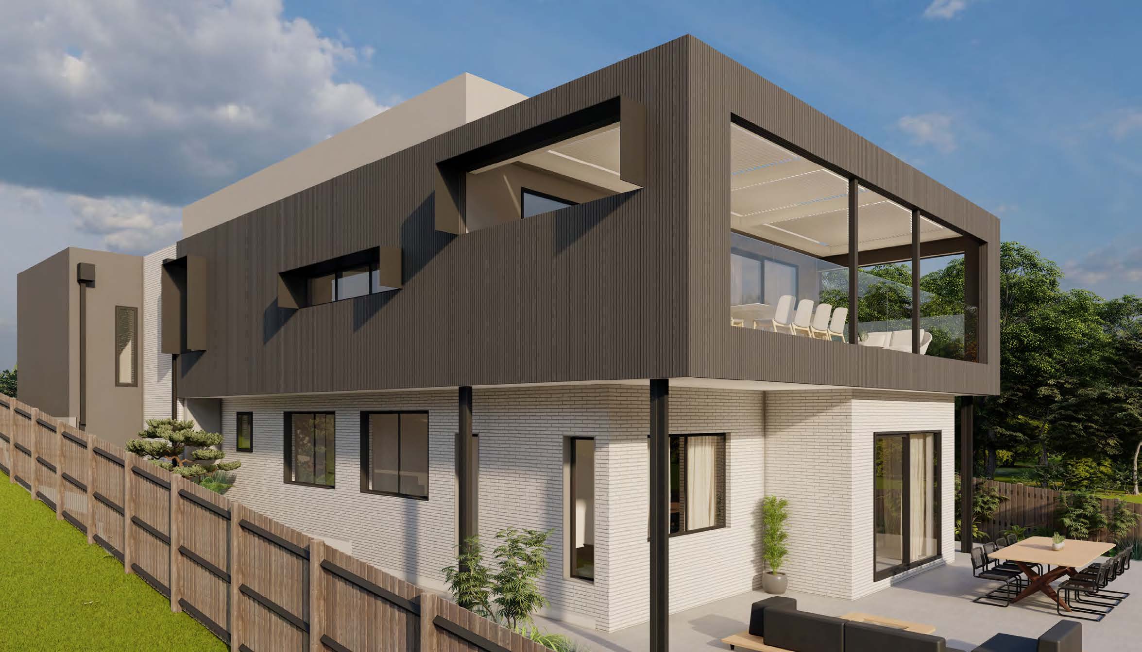 Custom Home Builder Fyansford Render Showing The Rear Ene Elevation Of The Split-Level Home By Rubi Architects