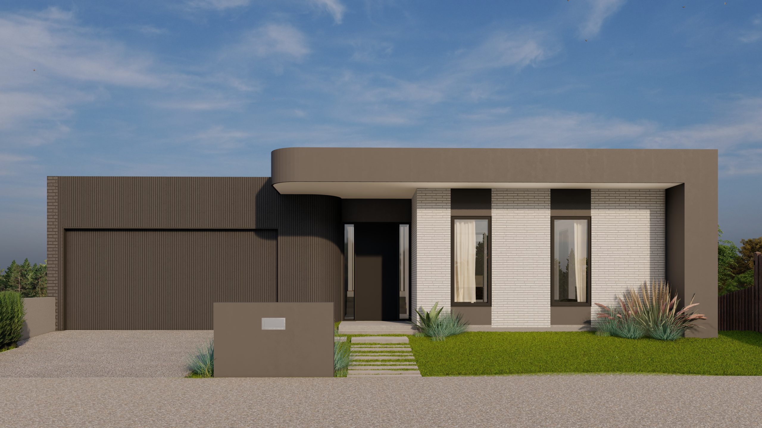 Fyansford Custom Home render by Fox Building Group, a split-level family home overlooking the Barwon Valley lakes and parklands, designed by RUBI Architects.
