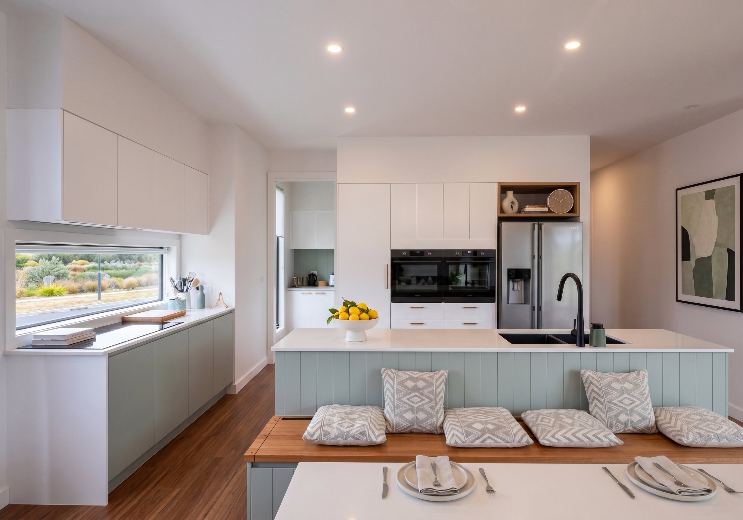 Custom Home Builder Torquay Kitchen With Sage Green Island Cabinetry And A Servery Window Over The Sink