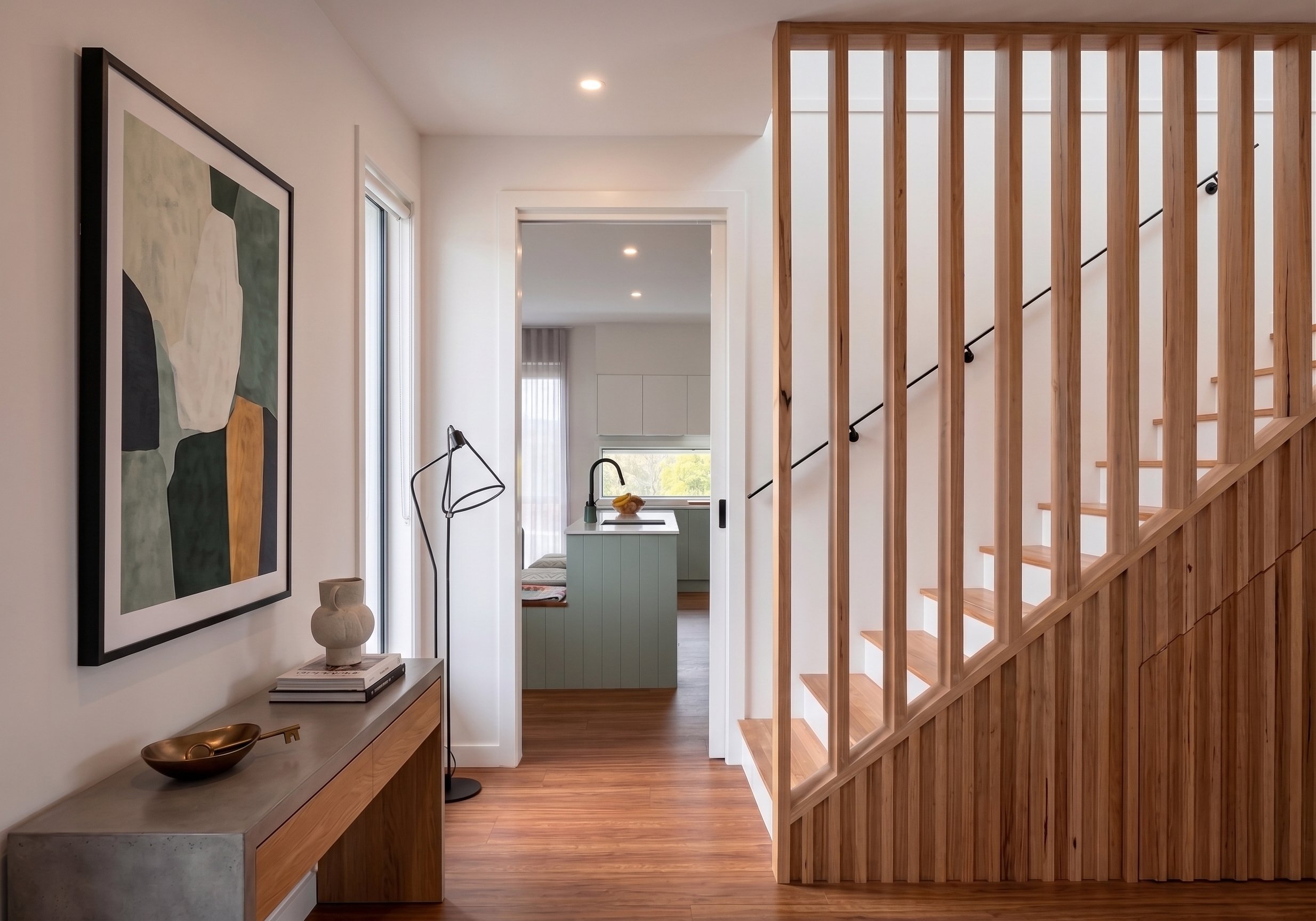 Timber Staircase Balustrade And Entry Hallway In A Custom Home Builder Surf Coast Project By Fox Building Group