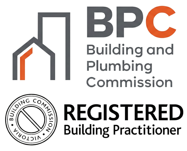 Registered Building Practitioner and Building and Plumbing Commission (BPC) Victoria certification badges held by Fox Building Group.