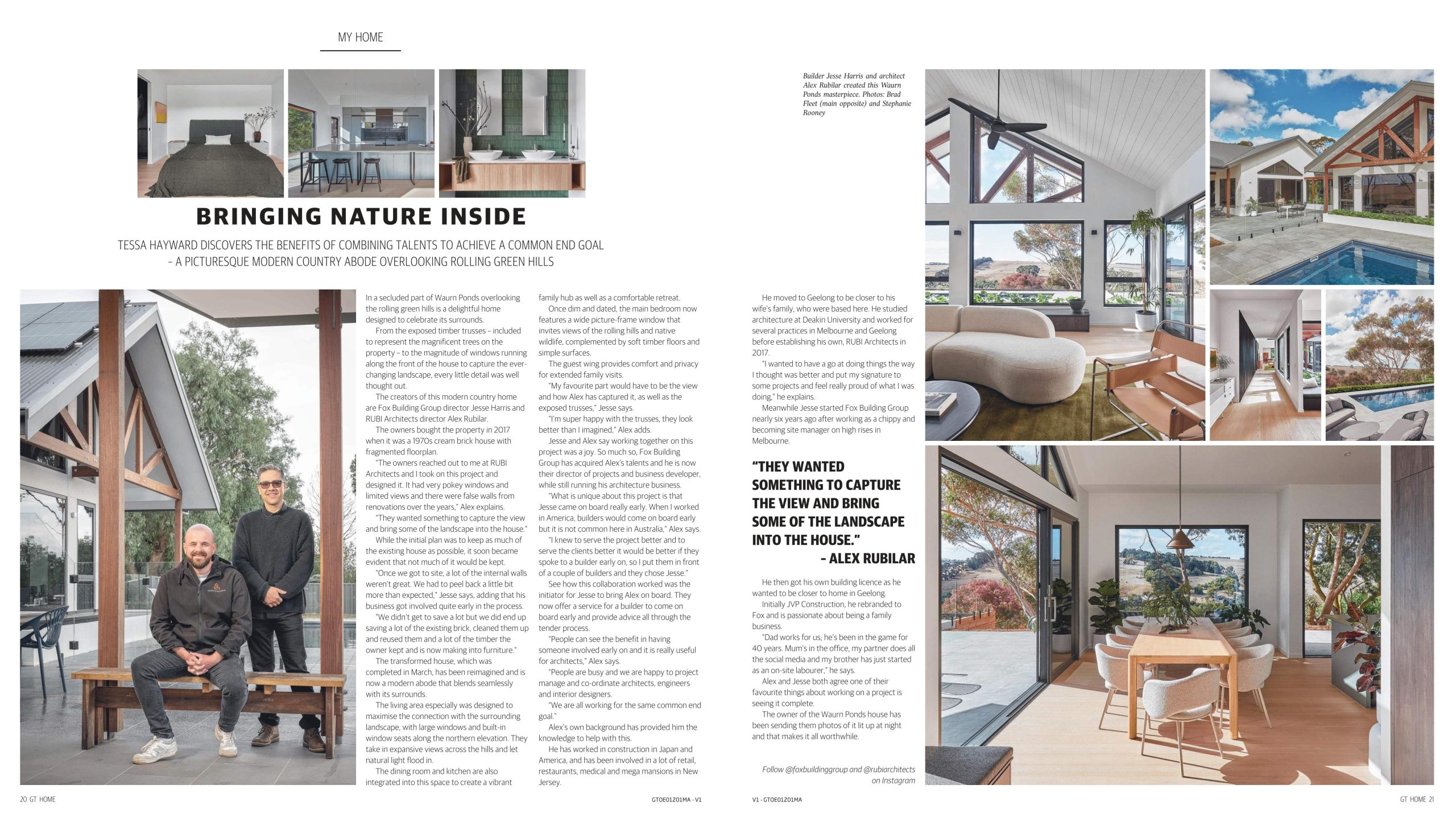 Double-Page Spread From Gt Magazine Featuring The &Apos;Bringing Nature Inside&Apos; Story On The Waurn Ponds Home Renovation By Fox Building Group And Rubi Architects.