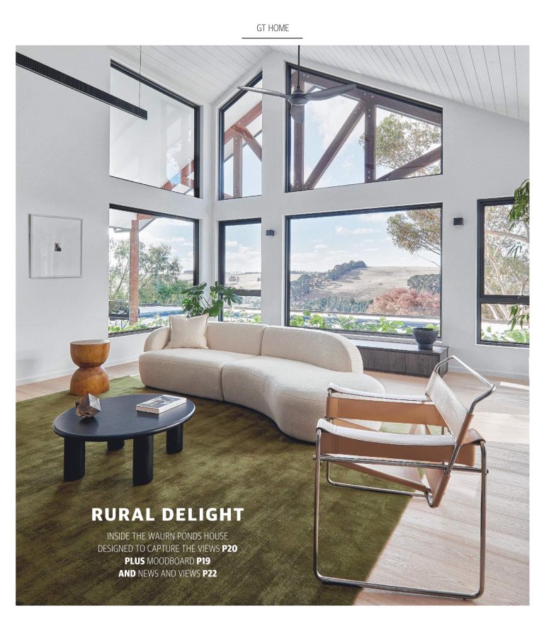 GT Magazine "Rural Delight" cover featuring the living room of a Waurn Ponds renovation by Fox Building Group and RUBI Architects, showcasing exposed timber trusses and expansive views.