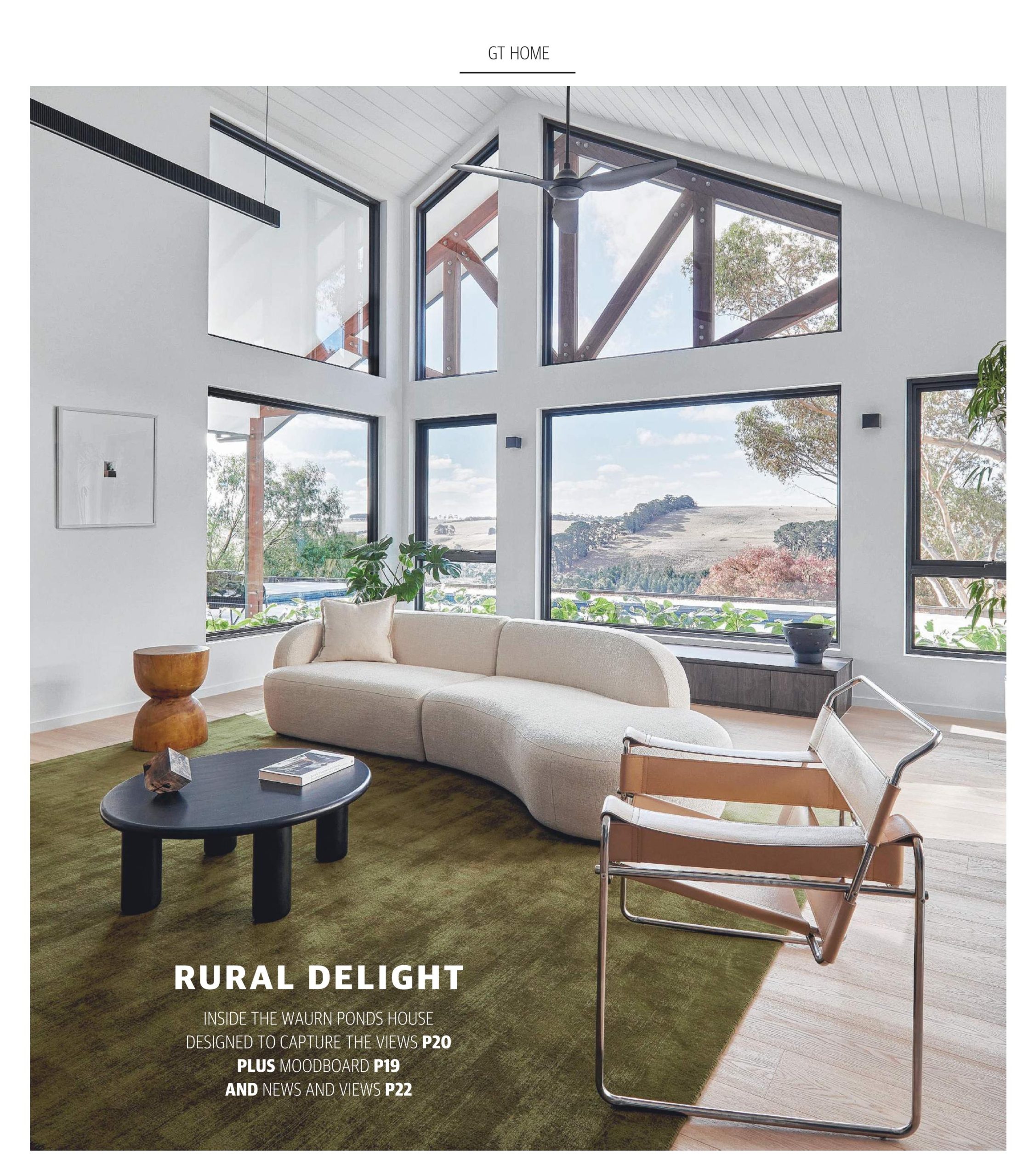 GT Magazine "Rural Delight" cover featuring the living room of a Waurn Ponds renovation by Fox Building Group and RUBI Architects, showcasing exposed timber trusses and expansive views.
