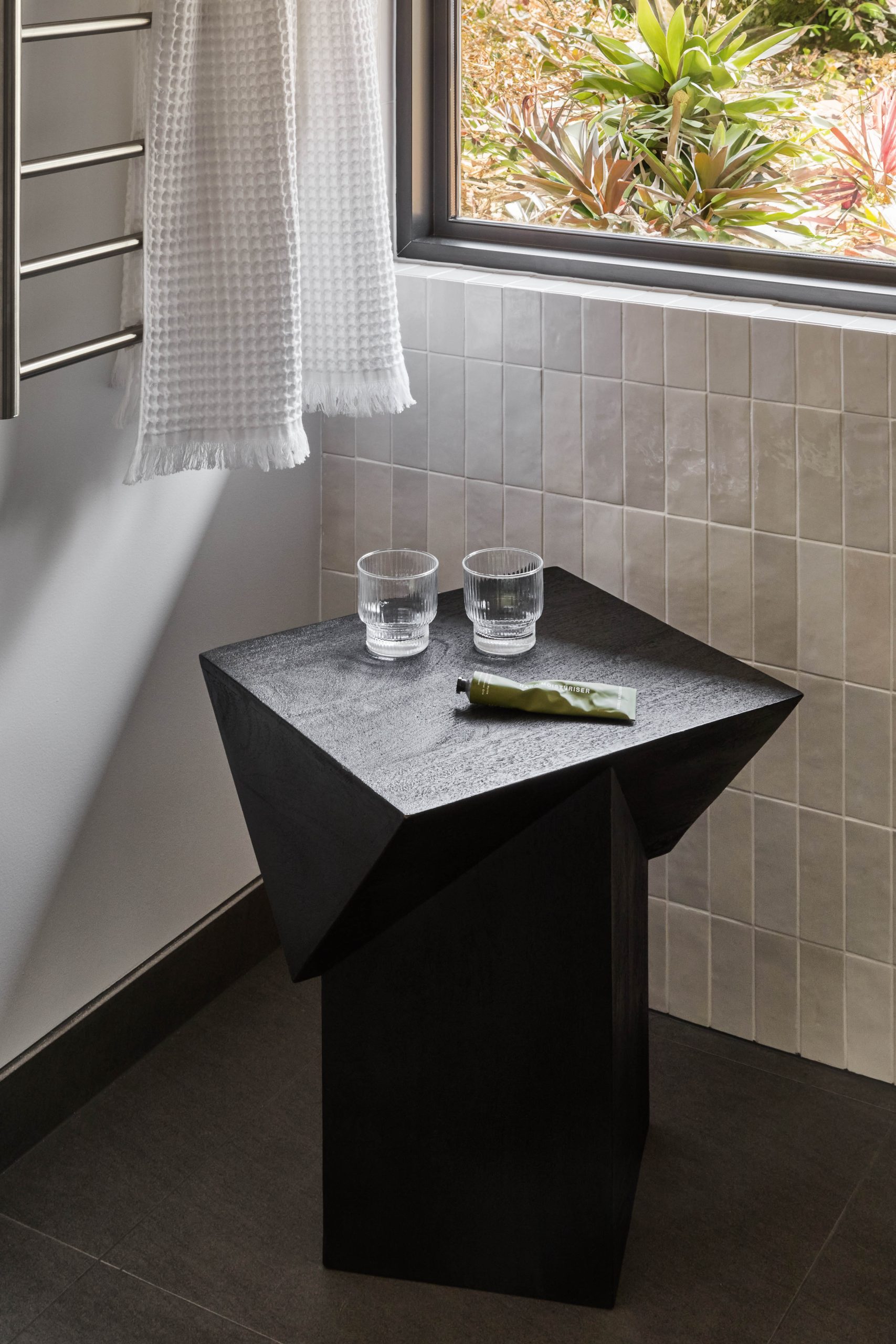 Guest Ensuite Timber Vanity Styled With Anthurium Flowers And A Mirror