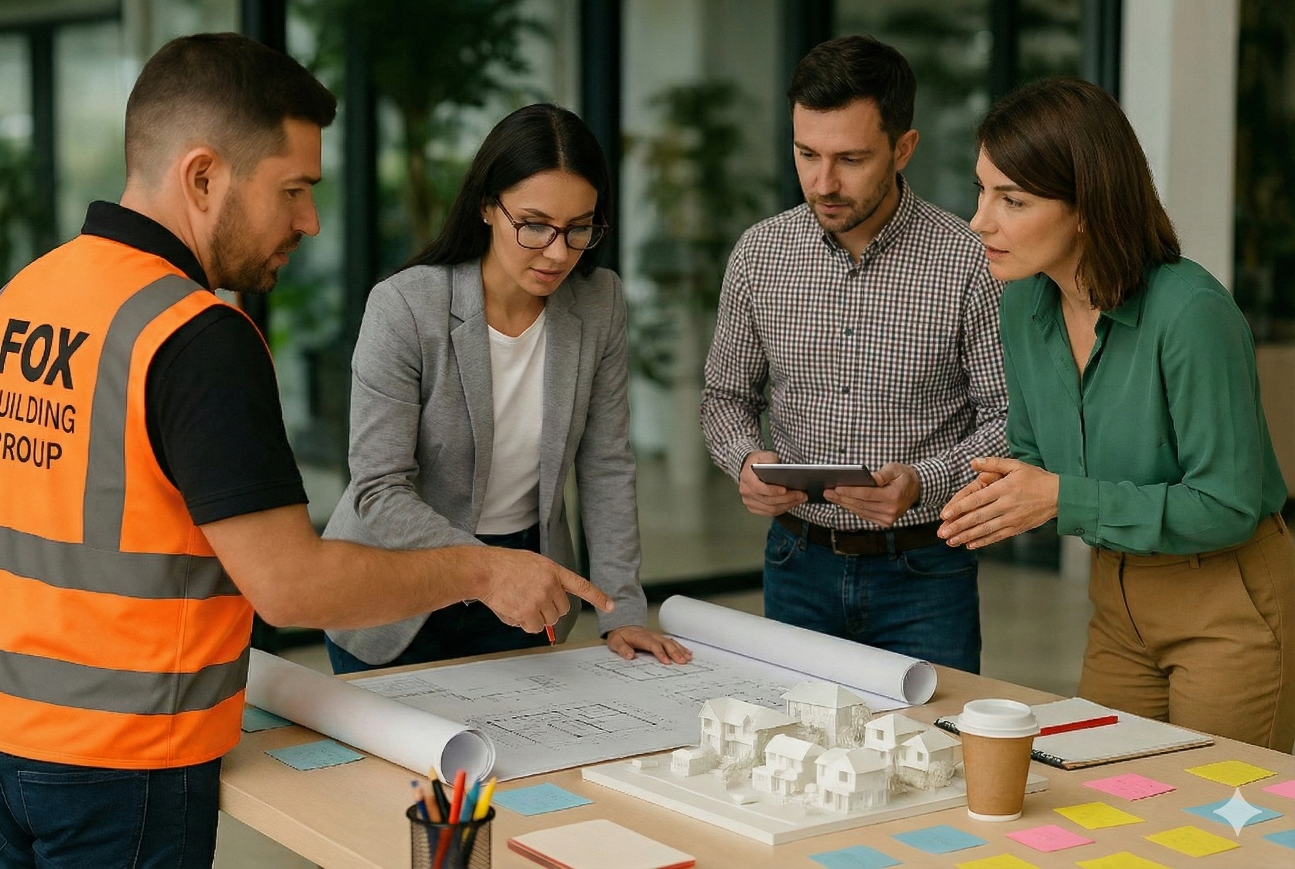 Fox Building Group Builder Collaborating With An Architect And Clients, Reviewing Detailed Architectural Floor Plans And A 3D Scale Model On A Table.
