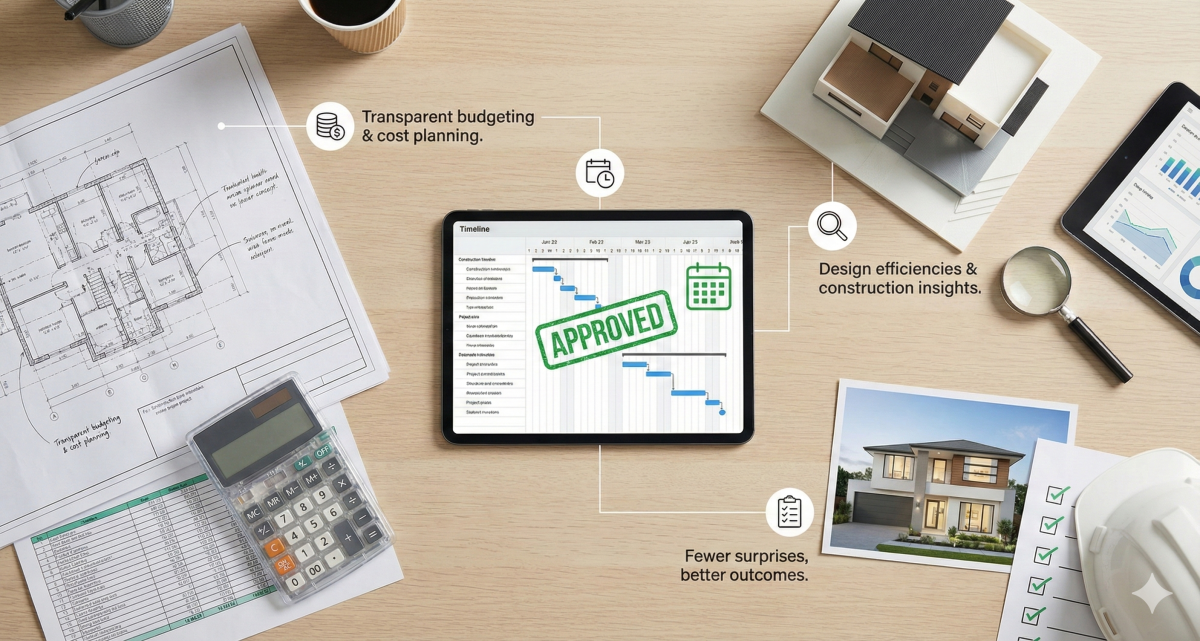 Flat Lay Workspace Demonstrating Key Benefits Of Pre-Construction Services, Featuring Blueprints, A Project Timeline Tablet, And Text Highlights For Transparent Budgeting And Faster Approvals.