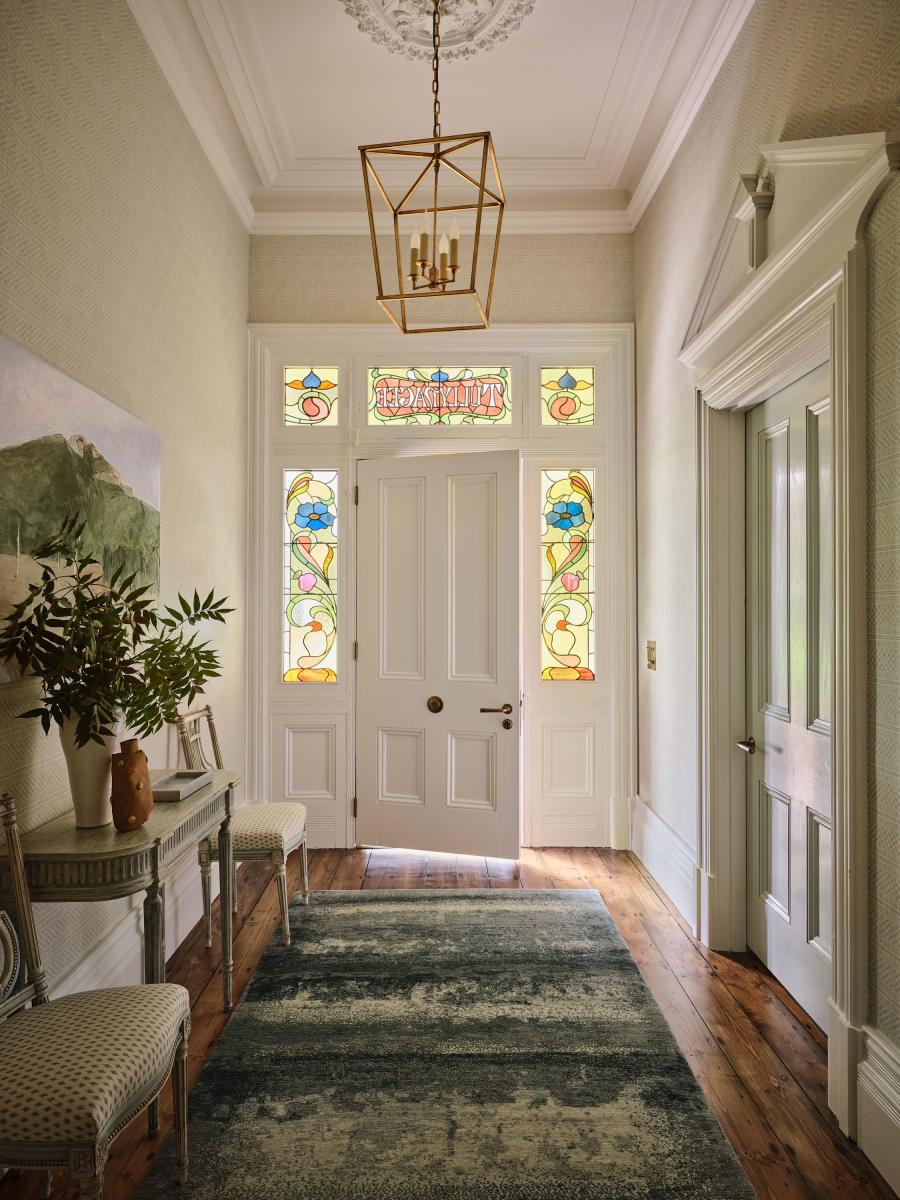 Tullynagee Entrance Hall Featuring Original Leadlight Door, Cloth &Amp; Clover Wallpaper, And Darlana Lantern.