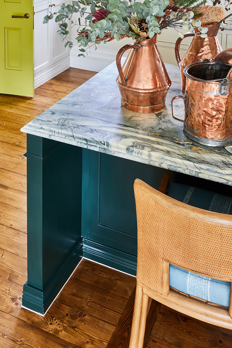 Costly Vs Expensive In Practice: Hand-Picked Marble Benchtop And Custom Deep Green Joinery In The Tullynagee Estate Restoration By Fox Building Group.