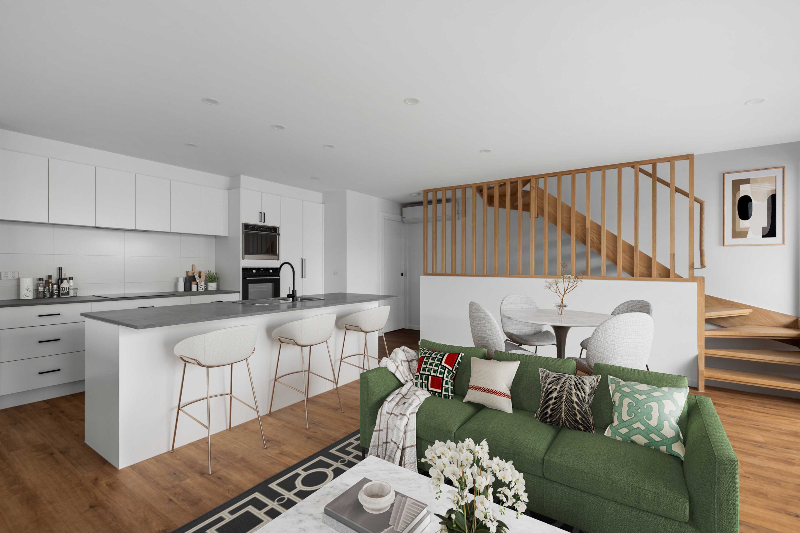 Townhouse Development South Geelong – Galley Kitchen With White Cabinetry Beside The Timber Staircase