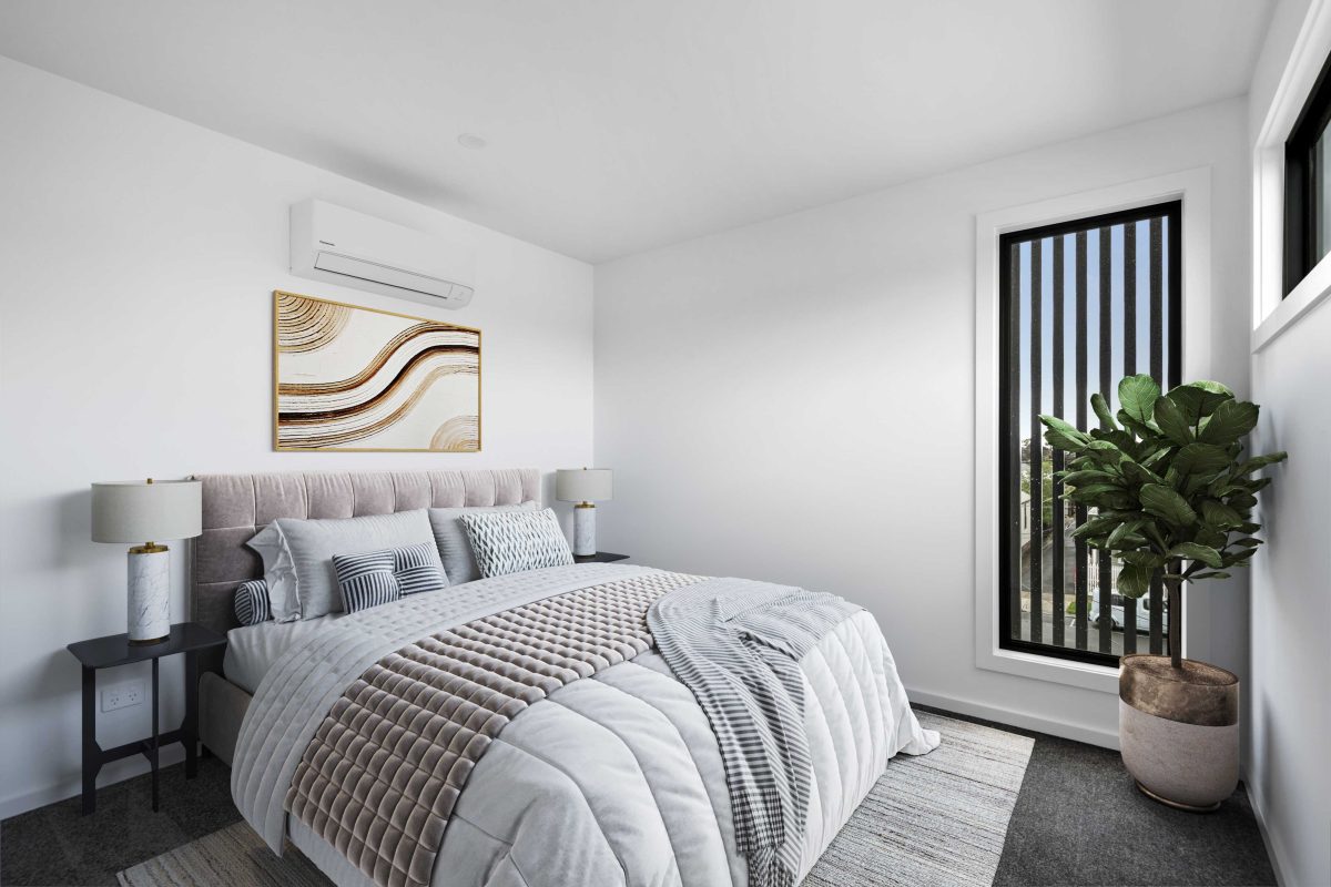 Townhouse Development South Geelong – Bedroom With Vertical Batten Screen At The Window For Privacy