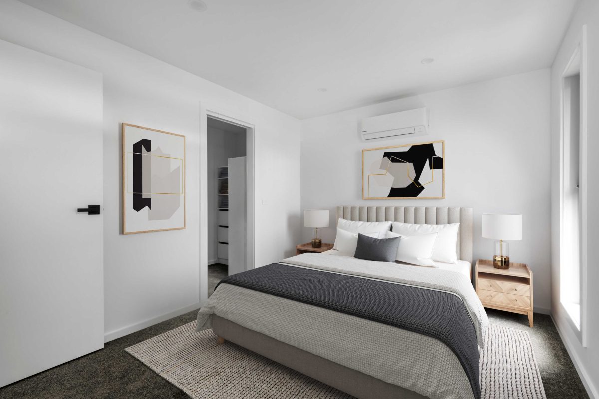 Townhouse Development South Geelong – Bedroom With White Bedding And Framed Artwork