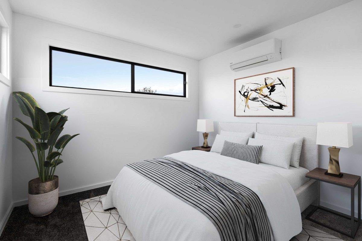 Townhouse Development South Geelong – Bedroom With Large Feature Window And Split-System Air Conditioning