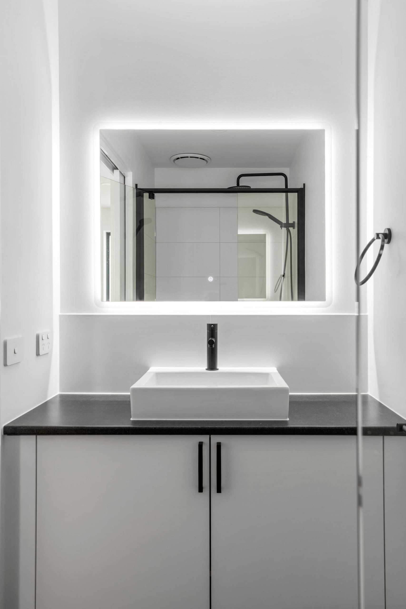 Townhouse Development South Geelong – Ensuite Bathroom Vanity With Glass-Screened Shower Behind