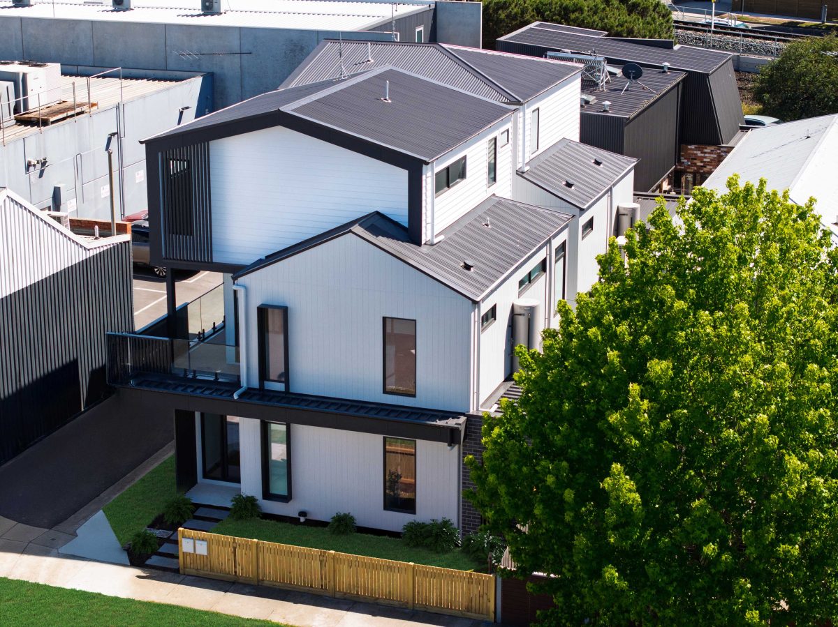 Townhouse Development South Geelong – Aerial View Of The Gabled Roof Forms And Surrounding Rooftops