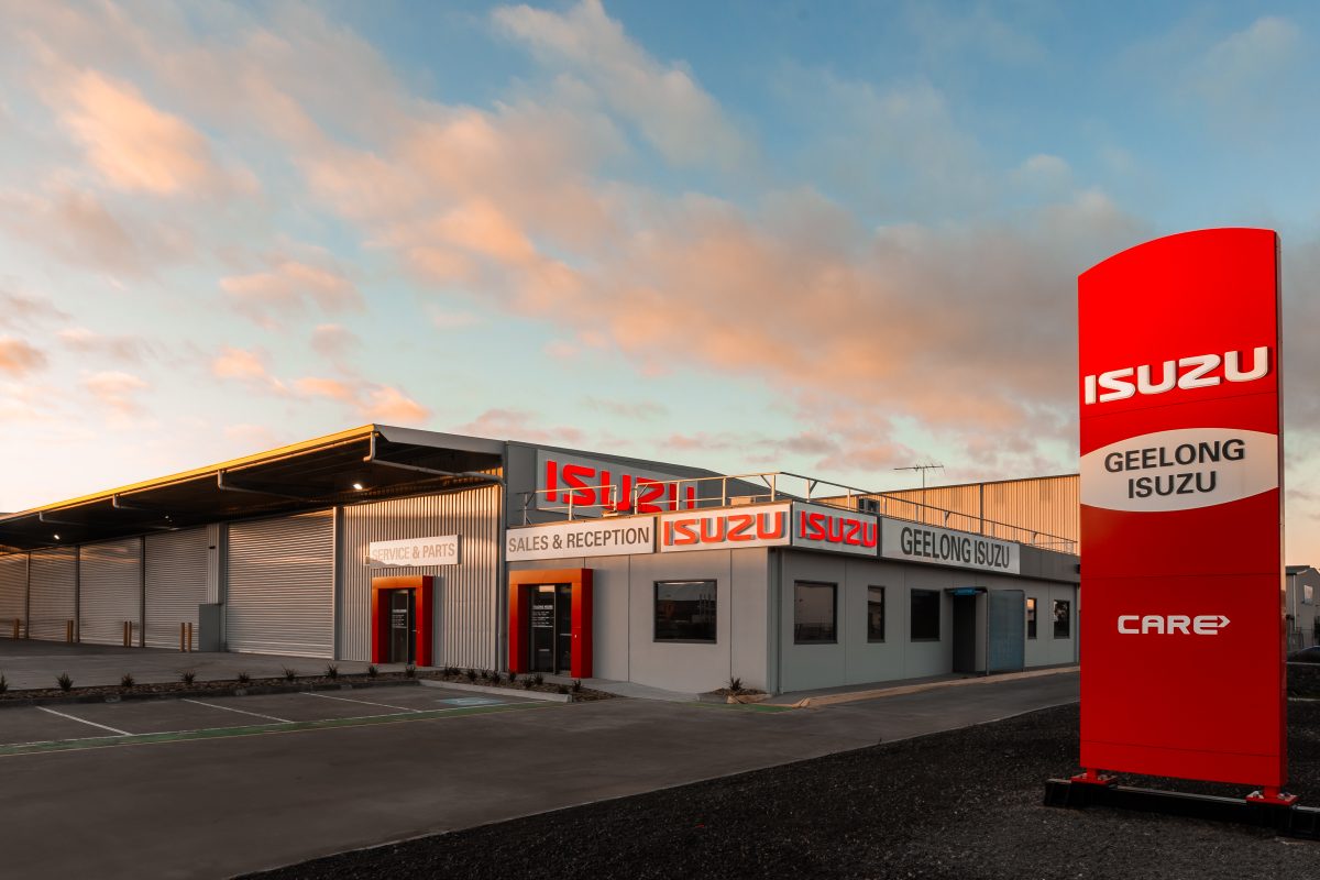 Commercial Build Of The Geelong Isuzu Dealership. Features Expansive Metal Cladding, Structural Bays, And Prominent Corporate Signage