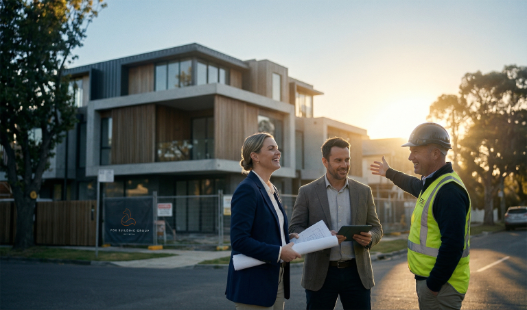 A Professional Collaboration Between A Builder And A Property Developer Reviewing A Planning Permit And Section 173 Agreement Requirements For A Victorian Construction Project.