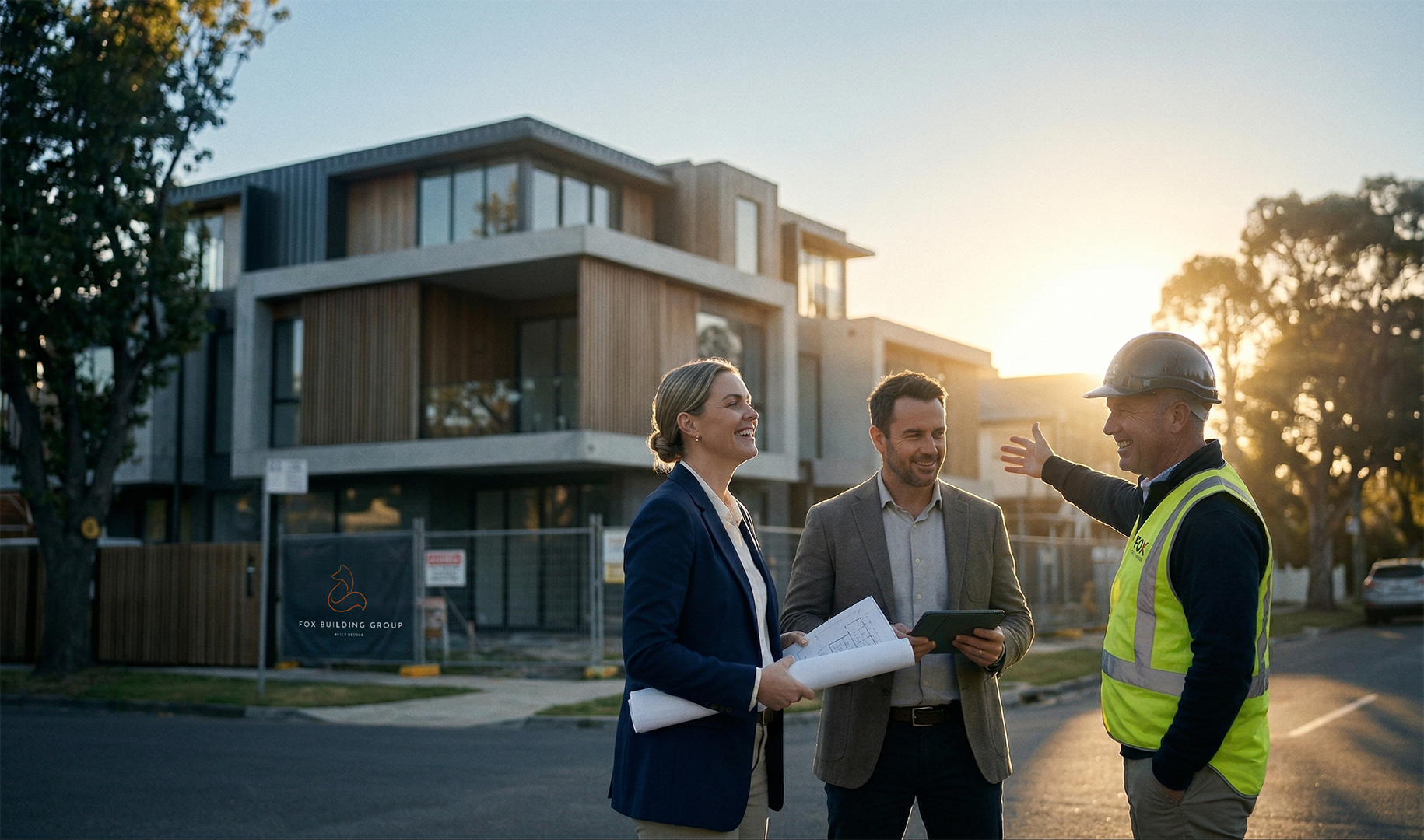 A professional collaboration between a builder and a property developer reviewing a planning permit and Section 173 agreement requirements for a Victorian construction project.