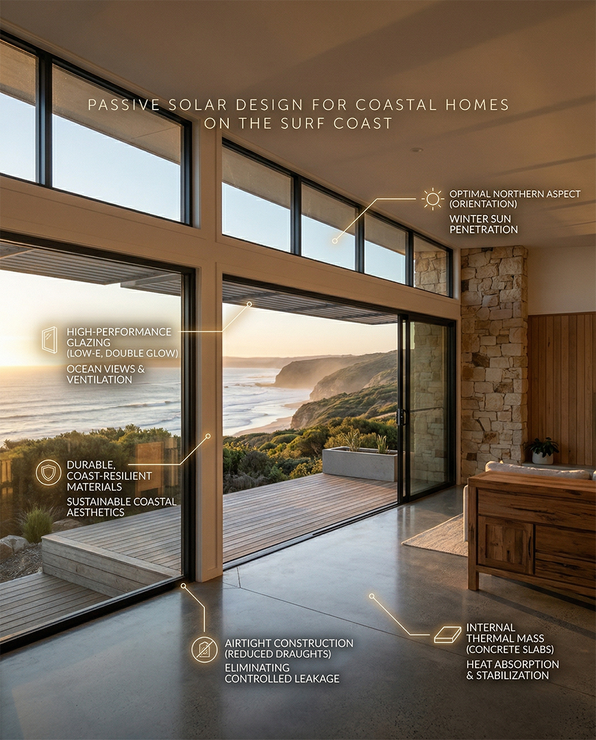 Interior Of A Passive Solar Surf Coast Home Showing A Concrete Thermal Mass Floor, Large North-Facing Double-Glazed Windows, And An Airtight Open-Plan Living Area By Fox Building Group.