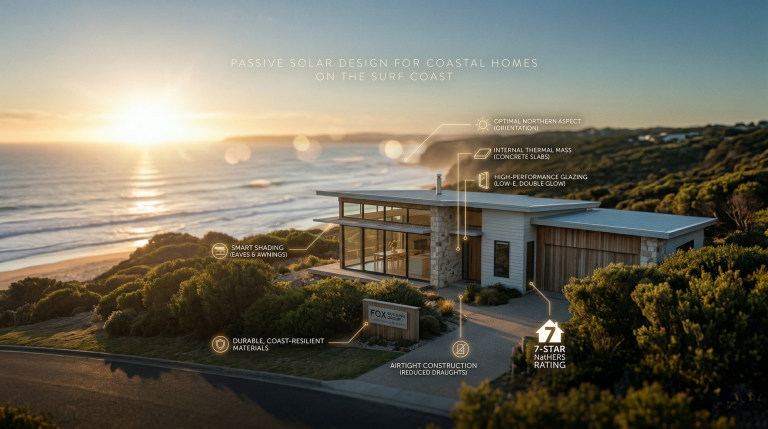 A high-performance passive solar coastal home on the Surf Coast featuring north-facing glazing, thermal mass flooring, and sustainable timber cladding by Fox Building Group.