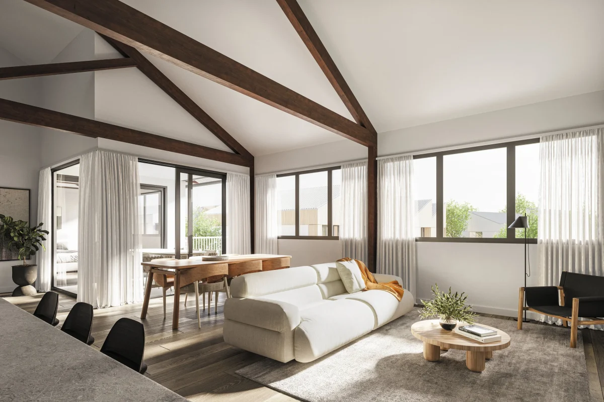 Interior Render Of A Luxury Geelong Bottleworks Apartment Featuring Exposed 1920S Timber Trusses, Recycled Timber Flooring, And High-Performance Industrial Design By Fox Building Group.