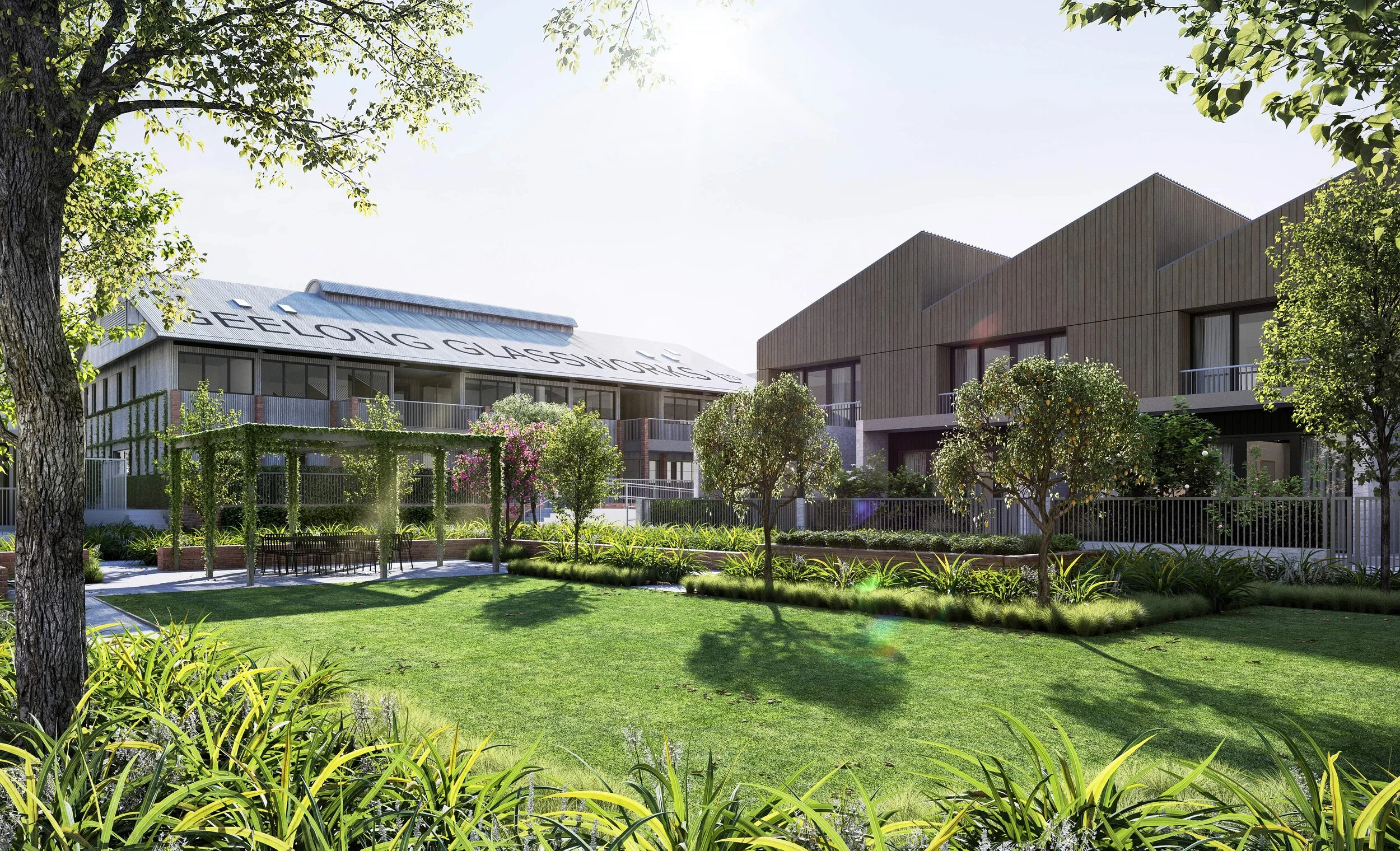 Artistic impression of view of the Bottleworks Geelong development, highlighting the historic Big Shed warehouse converted into 7 luxury apartments by Fox Building Group.