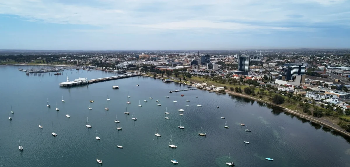 Aerial View Of The Geelong City Skyline And Bay, Representing Fox Building Group&Apos;S Commitment To The Region As A Premier Residential And Commercial Builder.