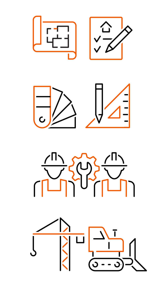 Minimalist Line-Art Icons Illustrating Fox Building Group&Apos;S Core Pillars: Transparent Planning, Rigorous Detailing, Trades, And Site Execution.