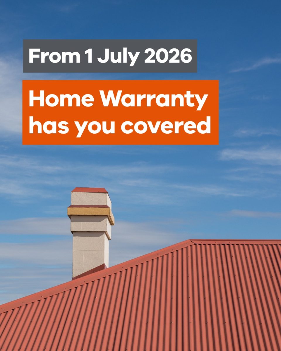 A Red Corrugated Roof Under A Blue Sky With Text Stating From 1 July 2026 Home Warranty Has You Covered, Signifying Victoria&Apos;S New Insurance Regulations.
