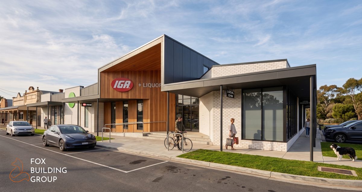 Architectural Render Of Iga Supermarket And Liquor Store In Inverleigh, Victoria, Showing Timber-Clad Entry, Black Cantilevered Awning And Face Brick Facade
