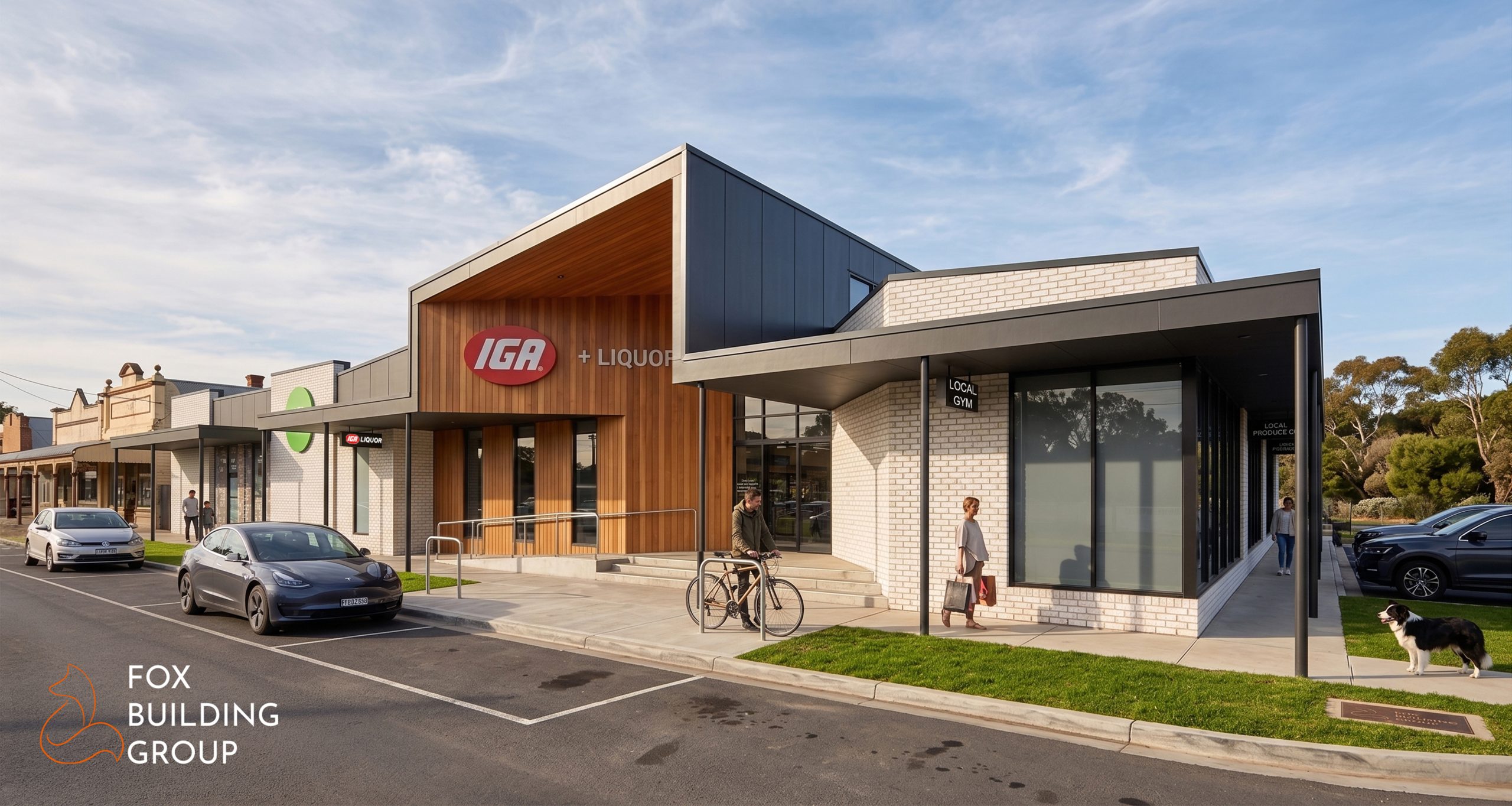 Architectural Render Of Iga Supermarket And Liquor Store In Inverleigh, Victoria, Showing Timber-Clad Entry, Black Cantilevered Awning And Face Brick Facade