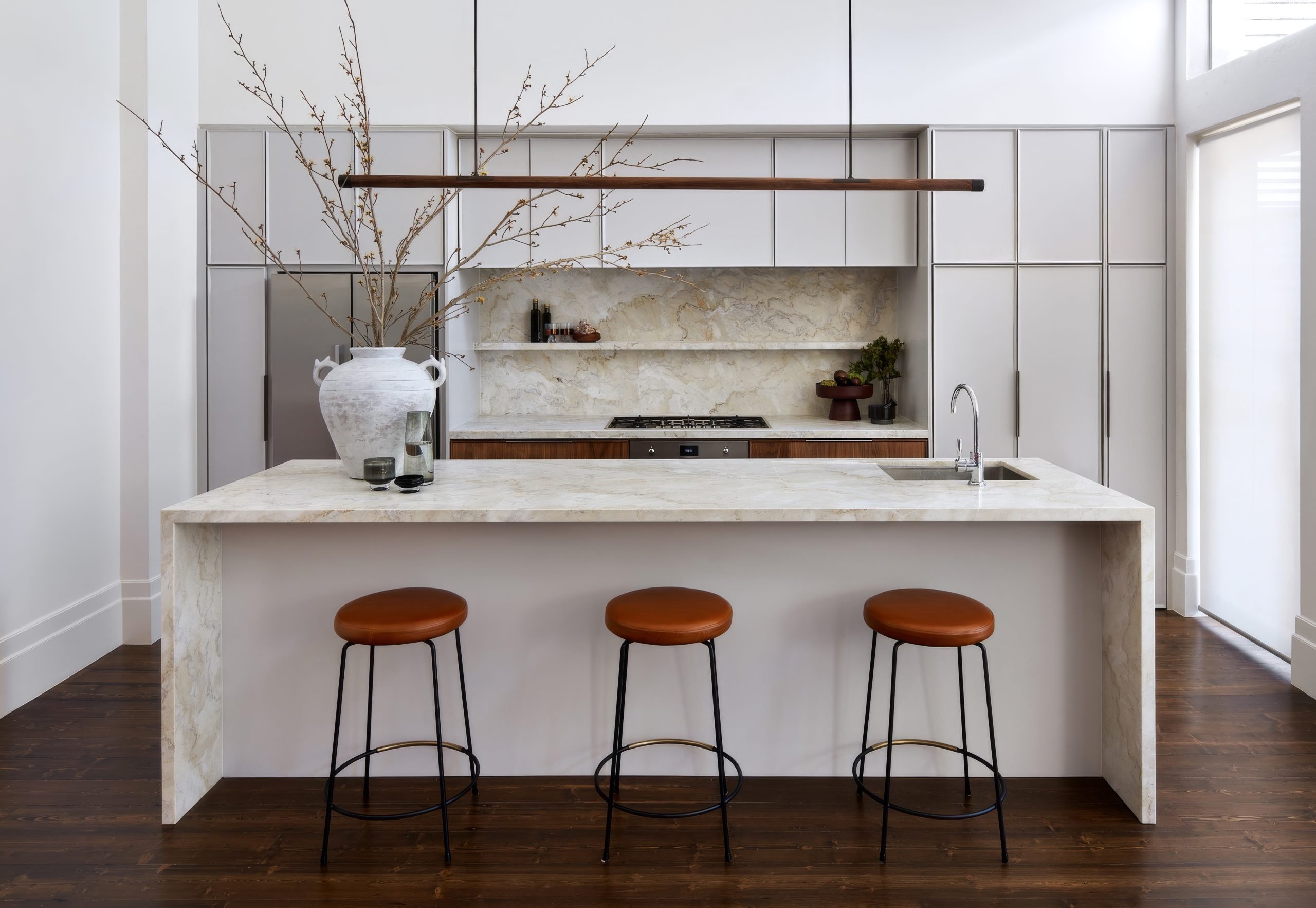 St Kilda West Renovation kitchen with custom joinery and marble benchtops by Fox Building Group and The Stylesmiths.