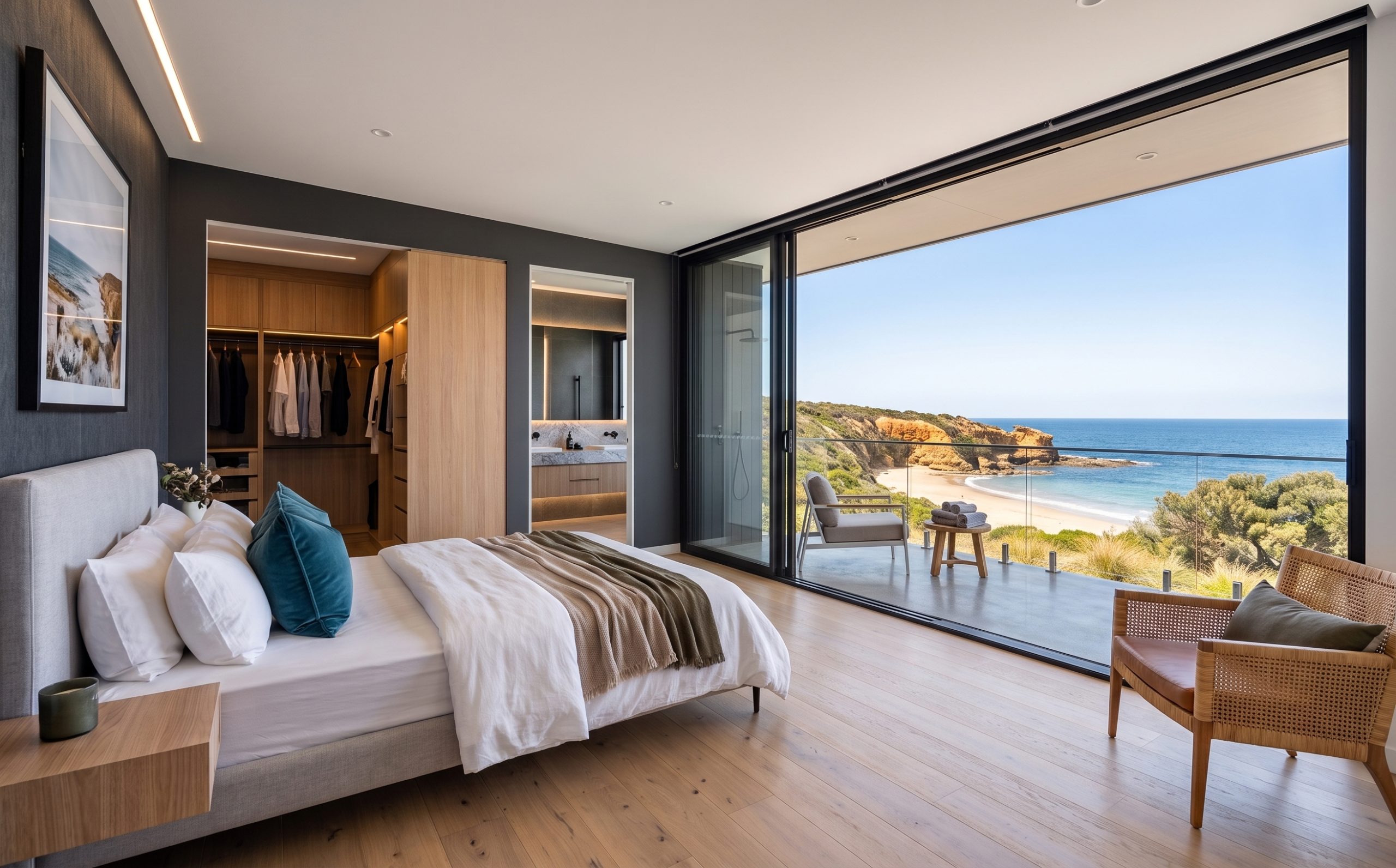 Custom Home Builder Torquay Master Bedroom With Glass Sliding Doors Opening To A Balcony With Ocean Views