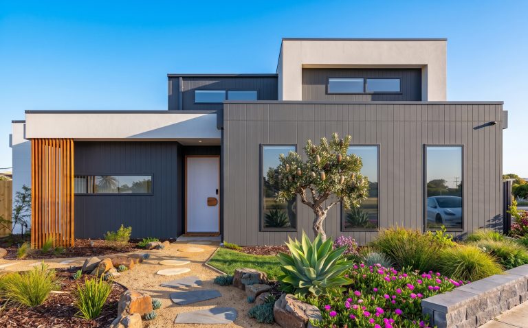 Custom Home Builder Torquay Two-Storey Home With Dark Cladding, Rendered Finish And Timber Slat Entry Screen